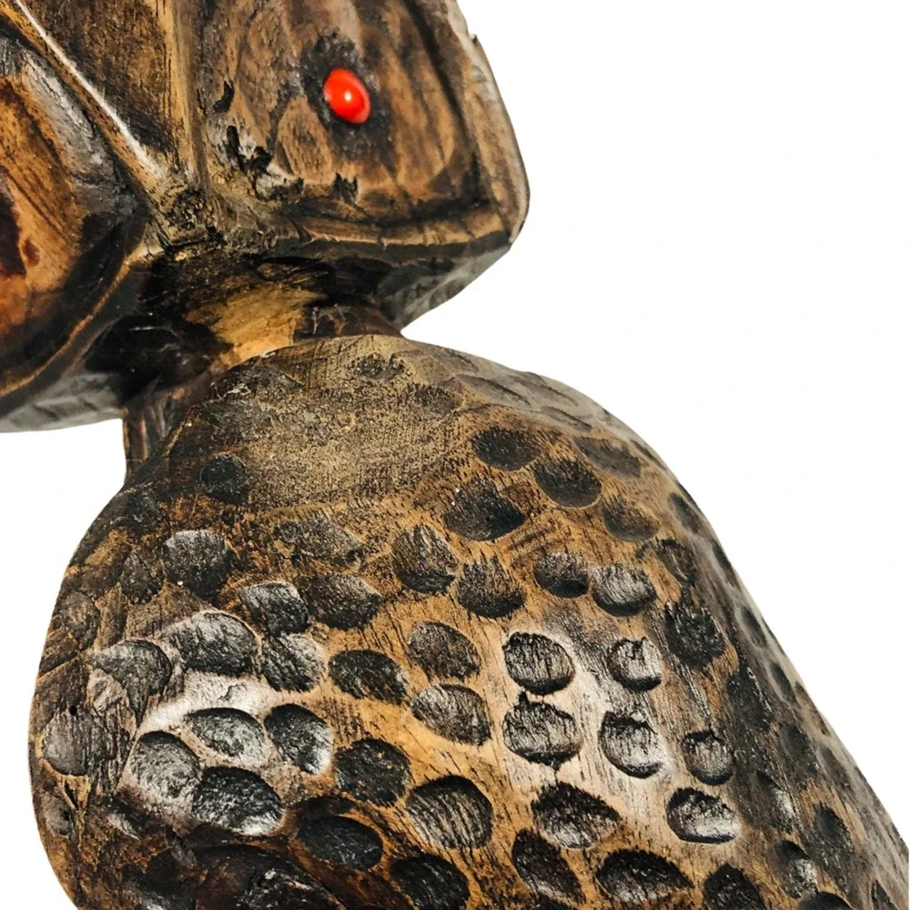 Vintage Norman Campbell Owl Carving Wooden‎ Wood Red Following Eyes 1990 Brown